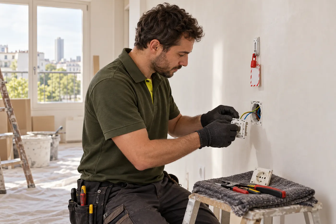 Électricien raccordant une prise murale neuve lors d'une rénovation électrique d'appartement à Pantin